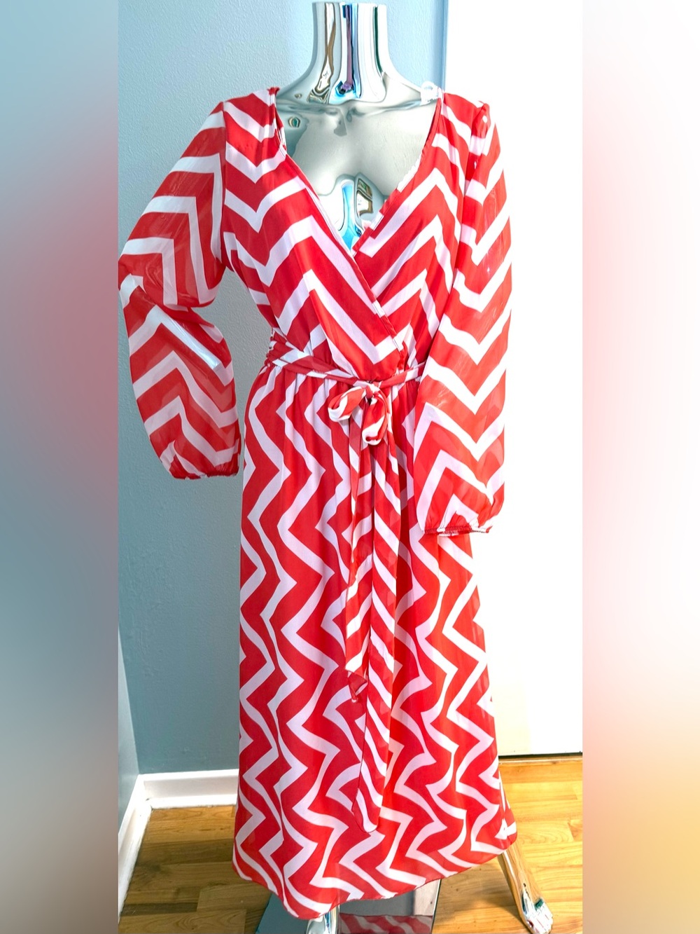 Espresso Red and White Chevron Wrap Dress